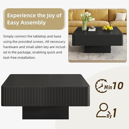 31.6 Inch Square Drum Coffee Table, Modern Handcraft Fluted Drum Coffee Table, Wooden Square Center Table Cocktail Table with Stable Pedestal for Living Room Apartment (Black)