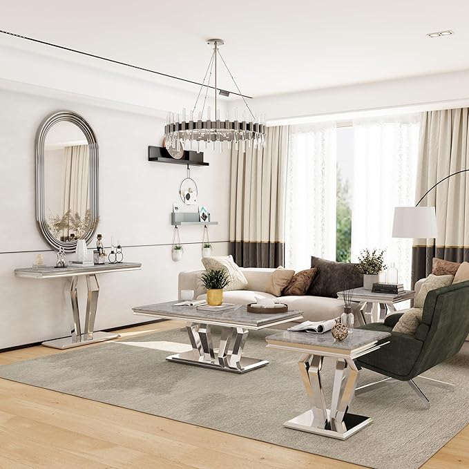 Living Room Table Set, 3-Piece Table Set Includes Coffee Table & 2 End Tables, Gray and Silver Coffee Table Set for Home Apartment Office