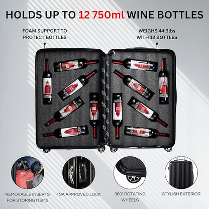 Wine Bottle Suitcase | Holds 12 Standard 750 ML Size Bottles | Universal Airplane Luggage Case, TSA Approved Wheeled Bag For Professionals and Consumers, Gift For Wine Lovers & Connoisseurs (29 IN)