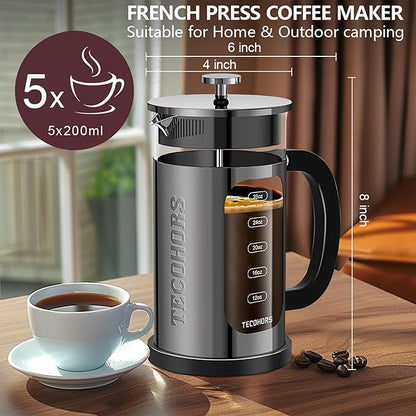 French Press Coffee Maker 34oz / 1 Quart 304 Stainless Steel Coffee Press,with 4 Filters System, Heat Resistant Thickness Borosilicate Glass, Brewed Coffee Pot (Bright Black)