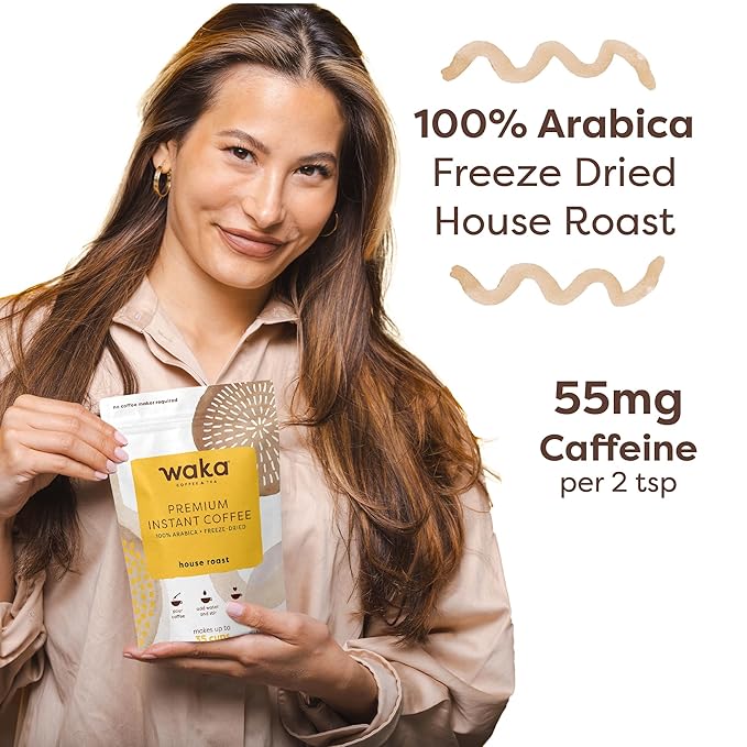 Waka Premium Instant Coffee Pouch — 100% Arabica Freeze Dried Beans — For Hot or Iced Coffee (3.5 Ounces, House Roast)