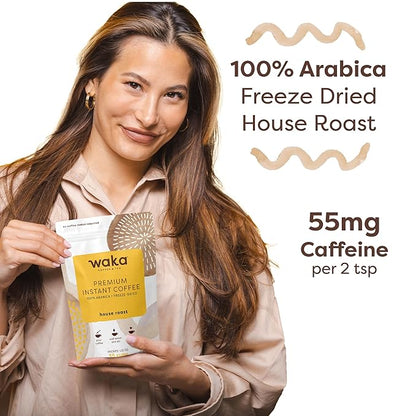 Waka Premium Instant Coffee Pouch — 100% Arabica Freeze Dried Beans — For Hot or Iced Coffee (3.5 Ounces, House Roast)