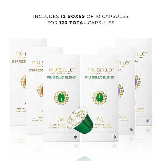 Piu Bello Espresso Coffee Pods for Nespresso Original Machines – Light Roast Variety Pack – 3 Flavors: Chocolate, Nuts, Sweet Caramel – Rich & Balanced Taste – Kosher Certified (3-Flavor Multipack, 120 Count)