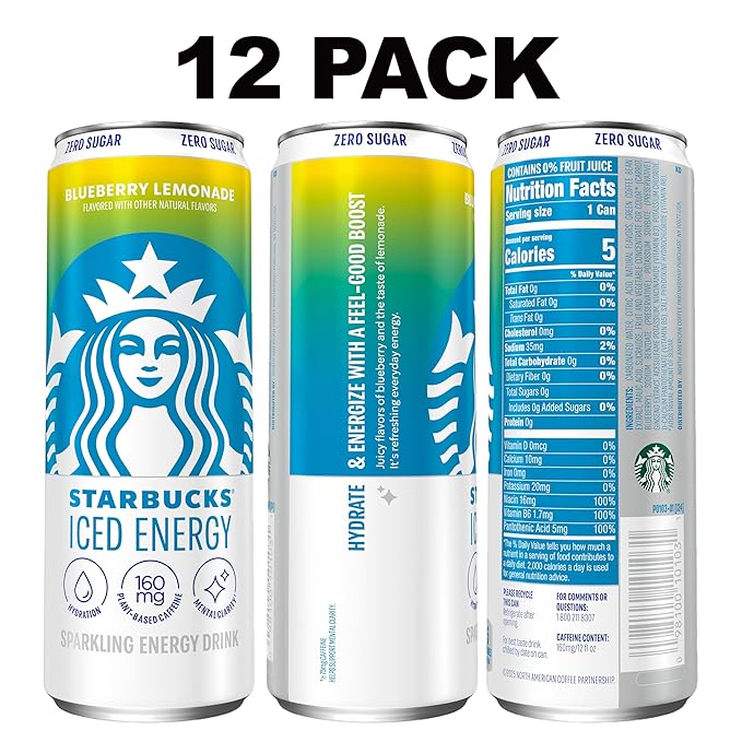Starbucks Iced Energy Drink, Blueberry Lemonade, Zero Sugar Energy Drink, Plant Based Caffeine, Hydration, Mental Clarity, 12 Fl Oz Cans (Pack of 12)