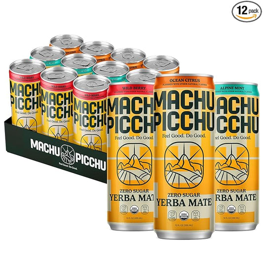 MACHU PICCHU Non-Carbonated Yerba Mate Energy Drink – Zero Sugar, 120mg Organic Caffeine, Smooth Focus Without Jitters or Crash, Low Calorie, USDA Organic, 12oz Cans (12-Pack Variety Pack