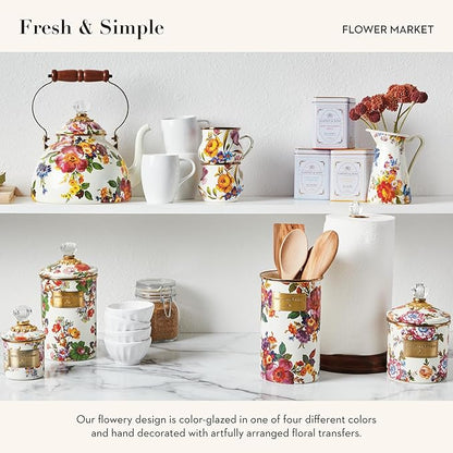 MACKENZIE-CHILDS Enamel Tea Kettle, Cute Kitchen Kettle for Stovetop, 3-Quart Capacity, White Flower Market with Bird Topper