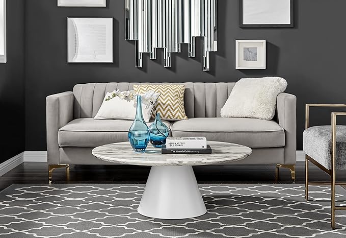 Coffee Table - Palma Round Coffee Table - Contemporary Minimalist Coffee Table with Tapered Central Pillar - White Marble-Effect Finish - Living Room Furniture