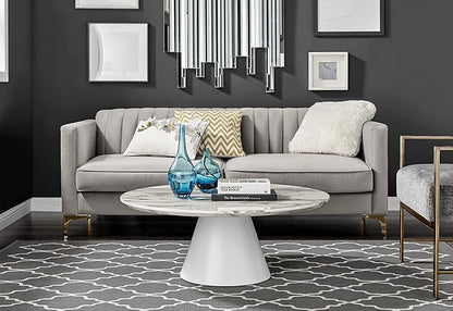 Coffee Table - Palma Round Coffee Table - Contemporary Minimalist Coffee Table with Tapered Central Pillar - White Marble-Effect Finish - Living Room Furniture