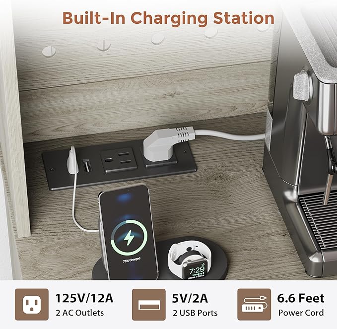 72" Coffee Bar Cabinet with Power Outlet & LED Light, Farmhouse Large Kitchen Hutch with Sliding Barn Door, Tall Bar Cabinets with Storage Drawers & Wine Glass Rack,Pantry China Cabinet for Home,Grey