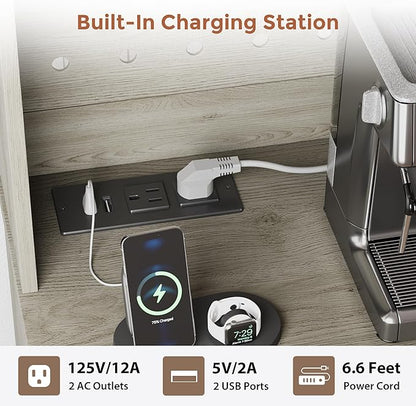 72" Coffee Bar Cabinet with Power Outlet & LED Light, Farmhouse Large Kitchen Hutch with Sliding Barn Door, Tall Bar Cabinets with Storage Drawers & Wine Glass Rack,Pantry China Cabinet for Home,Grey