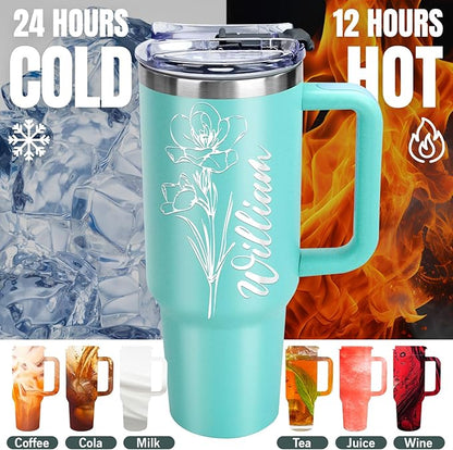 Personalized 40 Oz Tumbler with Handle Made in USA Custom Tumbler with Name & Birth Flower Month, Stainless Steel Travel Coffee Mug Cup, Birthday Gifts Personalized Gifts for Women Men