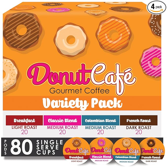 Donut Café Single Serve Coffee Pods for Keurig K Cup Brewers, Light Medium and Dark French Roast, Breakfast Classic Blend, Colombian, Variety Pack, 80 Count