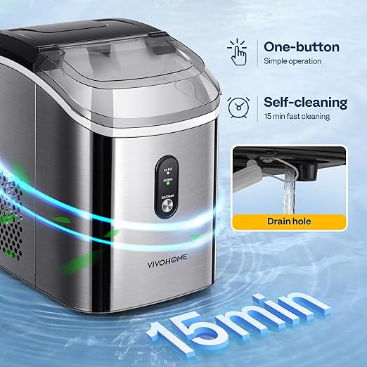 VIVOHOME Electric Portable Compact Countertop Automatic Chewable Nugget Ice Cube Maker Machine with Hand Scoop 10 Ice Bags and Self Cleaning Function 33lbs/Day Silver