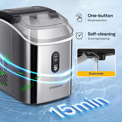 VIVOHOME Electric Portable Compact Countertop Automatic Chewable Nugget Ice Cube Maker Machine with Hand Scoop 10 Ice Bags and Self Cleaning Function 33lbs/Day Silver