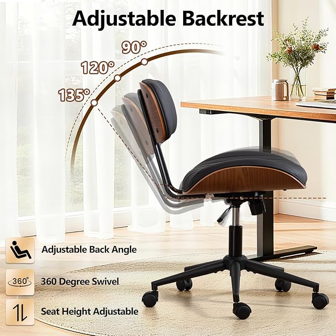 Home Office Chair with Wheels, Adjustable Height Desk Chair Leather Swivel Computer Chair, Armless Modern Walnut Chair for Office, Meeting Room, Black