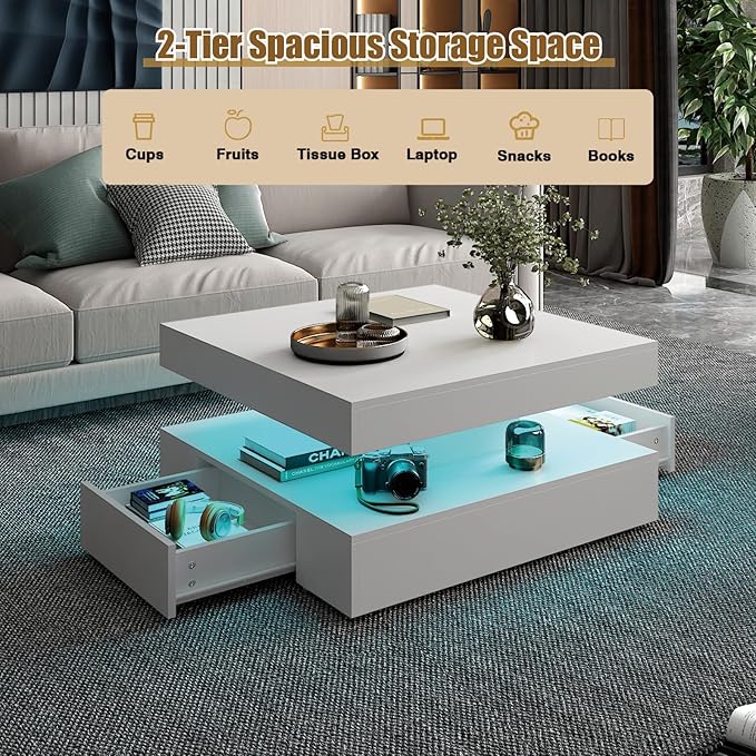 White LED Coffee Table with 2 Storage Drawers for Living Room Square Center Middle Table Modern Cocktail Table with Light 2-Tier Tea Tables Contemporary Mid Century Wood Home Office Waiting Room