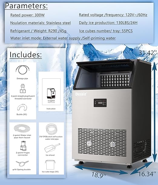 Commercial Ice Maker Machine, 130Lbs/24H with 40Lbs Large Capacity, 55Pcs Ready in 8-15Mins, Under Counter Stainless Steel Ice Machine for Home Party Bar, Self-Cleaning and Quite
