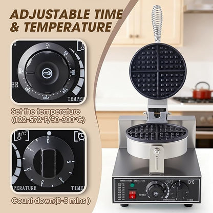 Commercial Waffle Maker, 1200W Waffle Iron, Professional Rotatable Waffle Baker Machine with Temp and Time Control, Non-Stick Baking Pan Stainless Steel for Restaurant Bakeries Kitchen Home