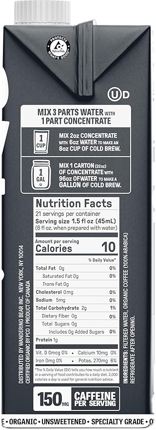 Wandering Bear Organic Unsweetened Extra Strong Cold Brew in a Box Coffee, Shelf-Stable, 21 Servings, Ideal for Wandering Black Concentrate