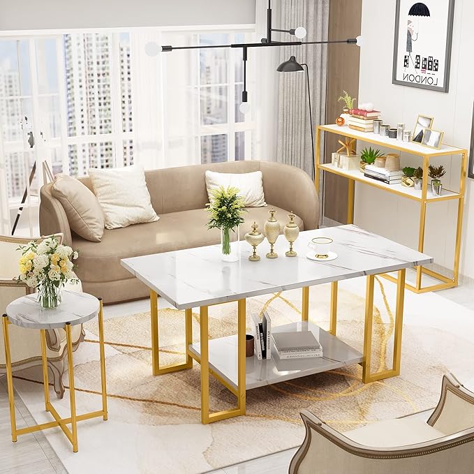 Lamerge Coffee Table, Modern Faux Marble Top Coffee Table with Metal Frame and Storage Shelf, 2-Tier Rectangle Accent Cocktail Table for Living Room, Office, White Gold