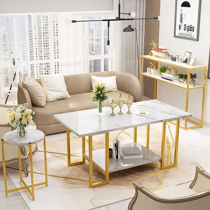 Lamerge Coffee Table, Modern Faux Marble Top Coffee Table with Metal Frame and Storage Shelf, 2-Tier Rectangle Accent Cocktail Table for Living Room, Office, White Gold