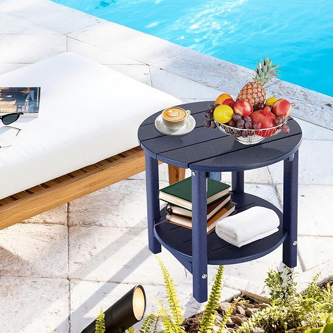 LZRS Round Adirondack Side Table Double End Table, Outdoor Side Tables for Patio, Backyard,Pool, Indoor Companion, Easy Maintenance & Weather Resistant(Navy Blue)