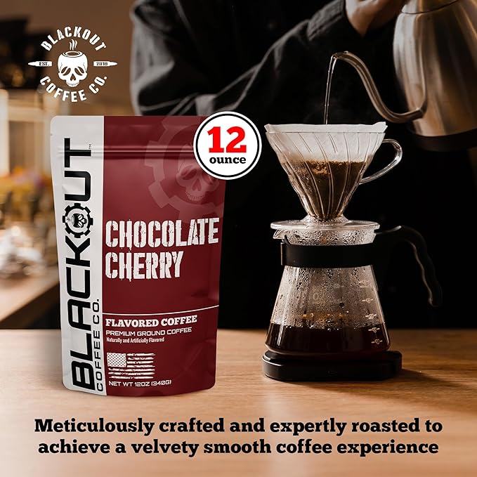 Blackout Coffee Chocolate Cherry Flavored Ground Coffee – Medium Roast, Smooth Taste, Guilt-Free Indulgence – Freshly Roasted 12oz Pouch.