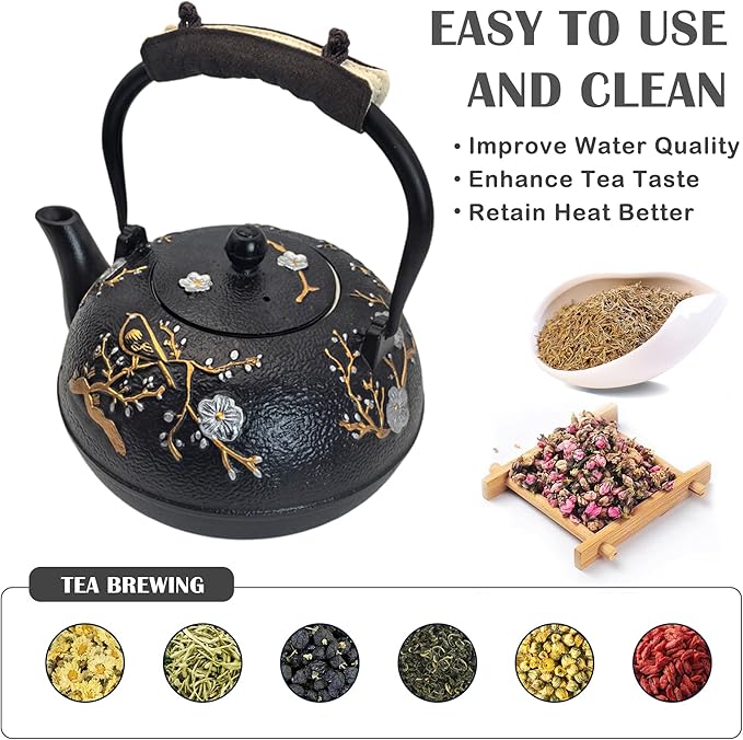 Cast Iron Teapot SECHUDO Teapot for Stovetop Safe Coated with Enameled Interior,Japanese Beautiful Tea Kettle with Stainless Steel Infuser for Loose Tea (60.9oz Plum Blossoms and Bird Pattern)