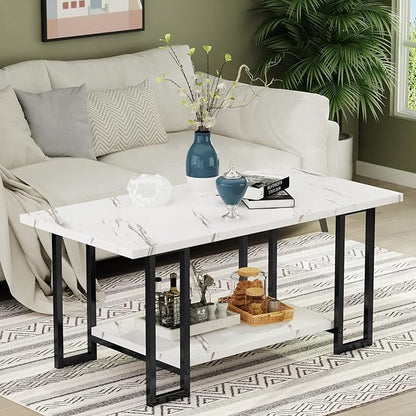 Lamerge Coffee Table, Modern Faux Marble Top Coffee Table with Metal Frame and Storage Shelf, 2-Tier Rectangle Accent Cocktail Table for Living Room, Office (White)