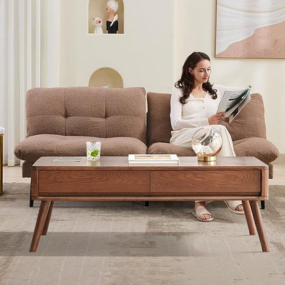 Wood Lift Top Coffee Table, 100% Solid Oak Wood Small Rising Dining Center Tables with Storage Shelf and Hidden Compartment for Living Room 48D x 26W x 26H