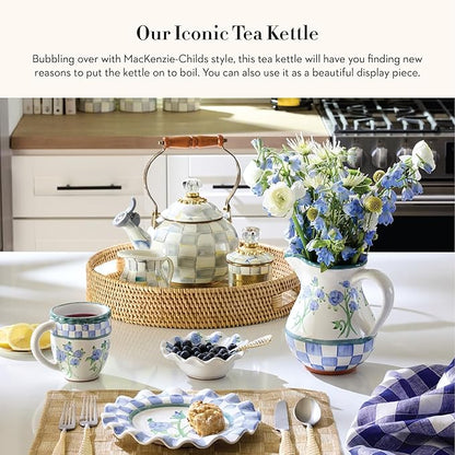 MACKENZIE-CHILDS Enamel Whistling Tea Kettle, Decorative Teapot for Stovetop, Gray-and-White Sterling Check