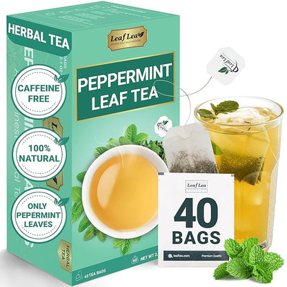 LeafLea 40 Peppermint Tea Bags, Natural Peppermint Leaf Herbal Tea with Cool Taste, Te De Menta for Gentle Digestive Support, Te De Hierba Buena, Caffeine-Free, Sugar-Free, Vegan, Individually Wrapped