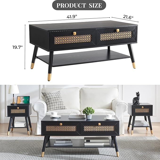 Mid Century Modern Black Coffee Table with Storage Drawers & Open Shelf, Solid Wooden Boho Rectangle Table with Metal Legs Designed for Living Room, Office, Lounge. Black Color with Golden Decor