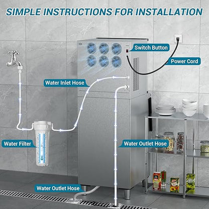 Large Commercial Ice Maker Machine: 500lbs/24H Production, with 350lbs Ice Storage Bucket, 156 Ice Cubes in 6-15 Mins - Stainless Steel Industrial Ice Maker for Restaurant, Bar, Cafe, Commercial Use