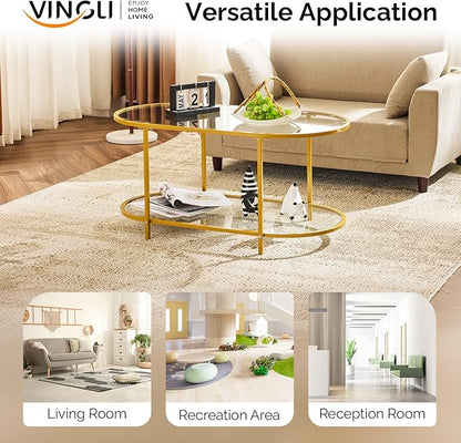 VINGLI 38" Oval Coffee Table, Transparent Glass Metal Coffe Table for Home Decor, Modern Center Table with 2-Tier Storage, Long Coffee Tables for Living Room, Office, Small Space, Champagne Gold