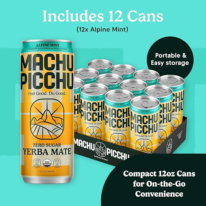 MACHU PICCHU ENERGY, Non-Carbonated Zero Sugar Yerba Mate, Clean Energy Drink Alternative, 12oz (Pack of 12) – 120mg Organic Green Coffee Bean Caffeine, Low Calorie, USDA Organic, No Artificial Flavors (Alpine Mint)