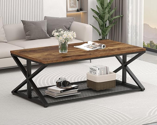 IBF Rustic Brown Coffee Table with Storage, Farmhouse Wood Metal Rectangle Living Room Table, Industrial Middle Center Table with Mesh Shelf, Rustic Brown,47 in