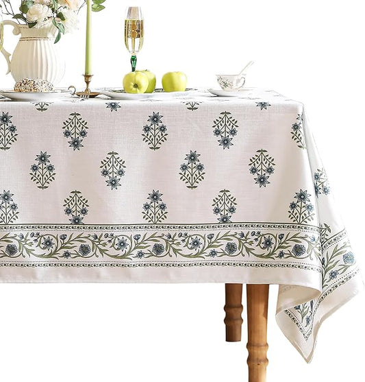 Designer White Linen Long Rectangle Tablecloth,Chinoiserie Floral Elegant Indoor Table Cloth,Fall Stain Proof Decor Tablecloths for Dining Thanksgiving Kitchen,63"*94"-Mosella F