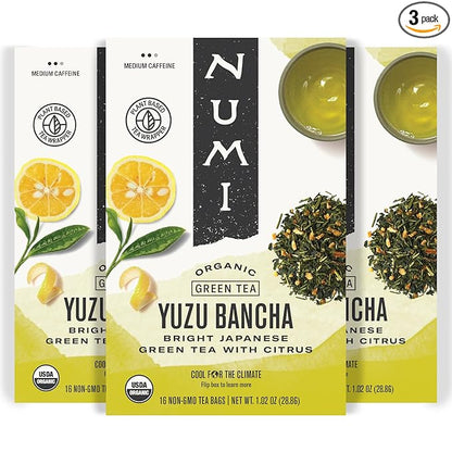 Numi Organic Yuzu Bancha Tea, 16 Tea Bags (Pack of 3) Roasted Japanese Green Tea with Citrus, Caffeinated
