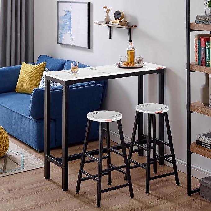 Mr IRONSTONE 53" Bar Table White Marble Industrial Pub Dining Height Table Bistro Table (Indoor USE ONLY)