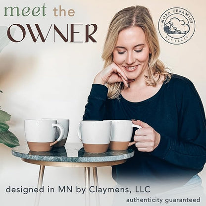 Mora Ceramic Large Latte Mug Set of 4, 16oz - Microwavable, Porcelain Coffee Cups With Big Handle - Modern, Boho, Unique Style For Any Kitchen. Microwave Safe Stoneware - Vanilla White