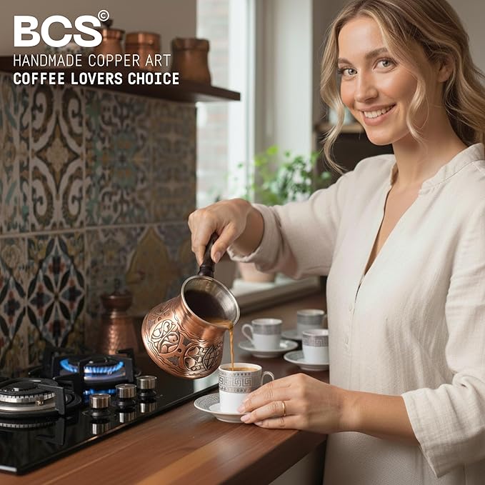 BCS 18 Oz X-Large Copper Turkish Greek Arabic Coffee Pot with Wooden Handle (6 servings) Cezve Ibrik Briki Stovetop Coffee Maker (Includes Wooden Spoon)