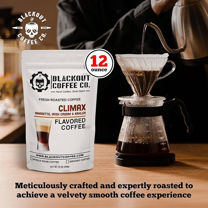 Blackout Coffee Climax Amaretto, Irish Cream & Kahlua Flavored Ground Coffee – Medium Roast, Smooth Taste, Guilt-Free Indulgence – Freshly Roasted 12oz Bag.