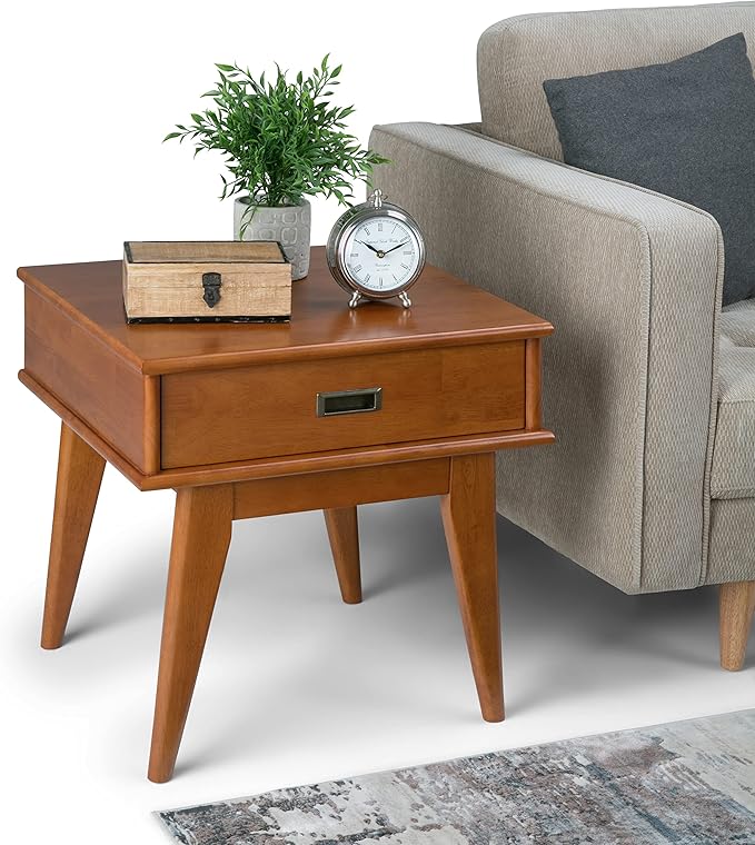 SIMPLIHOME Draper SOLID HARDWOOD 22 inch Wide Rectangle Mid Century Modern End Table in Teak Brown for the Living Room and Bedroom