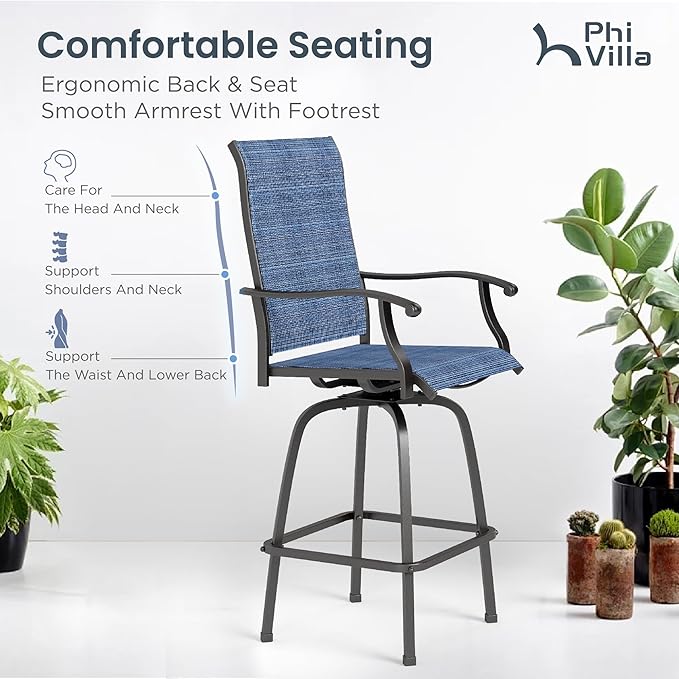 PHI VILLA Outdoor Swivel Bar Stools Set of 4, Bar Height Patio Stools & Chairs with All Weather Textilene Sling Fabric, 30 Inch High Top Tall Bar Chairs for Outside Balcony & Porch, Blue