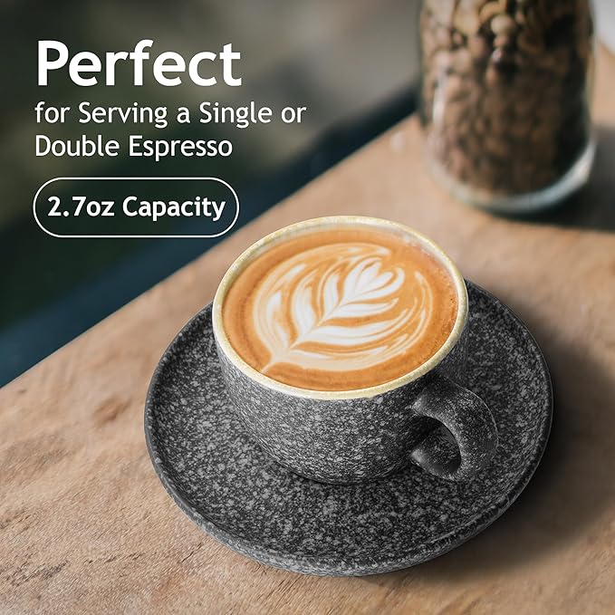 MIAMIO – 2.7 Oz Ceramic Stackable Espresso Cups with Saucers and Metal Stand, Set of 6 Espresso Cup, Demitasse Cups, Coffee Mugs for Espresso, Latte, Café Mocha & Tea – Las Palmitas Collection