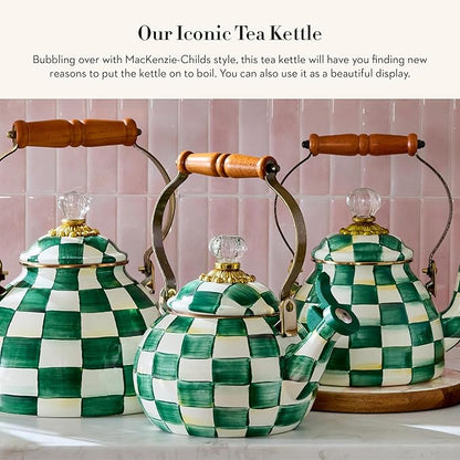 MACKENZIE-CHILDS Enamel Whistling Tea Kettle, Decorative Teapot, Green-and-White Emerald Check