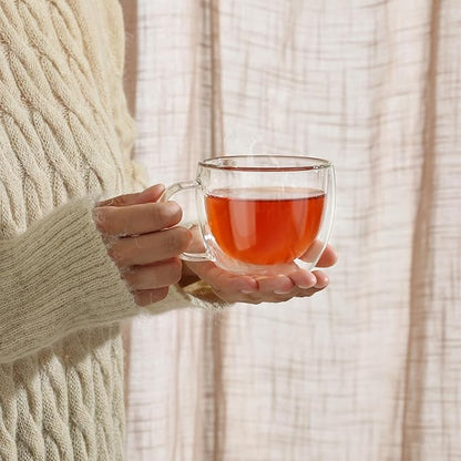 CNGLASS Double Wall Glass Cappuccino Mugs 8.1oz,Clear Insulated Glass Coffee Mug with Handle for Espresso,Latte,Tea,Set of 2