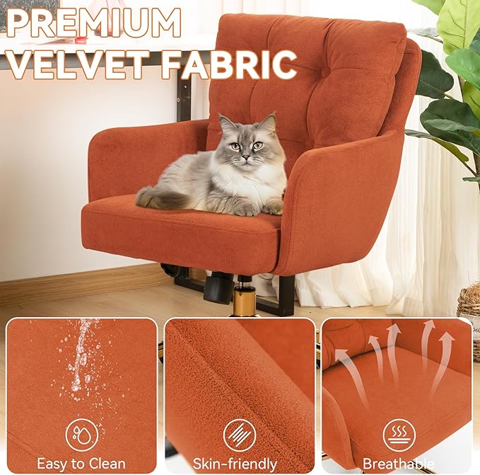Flannel Office Chair, Comfy Home Office Desk Chairs with Lumbar Support, Modern Velvet Desk Chair Gold Legs Small Swivel Task Chair for Home Office, Bedroom, Study (Orange, L)