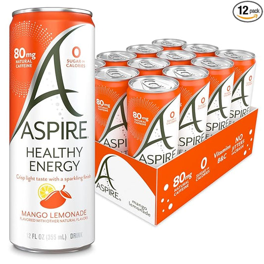 ASPIRE® Mango Lemonade, Healthy Energy Drink 80mg Natural Caffeine, Zero Sugar No Carbs Keto Friendly, 12 Pack Green Tea Sugar Free Drink Low Caffeine Zero Calorie